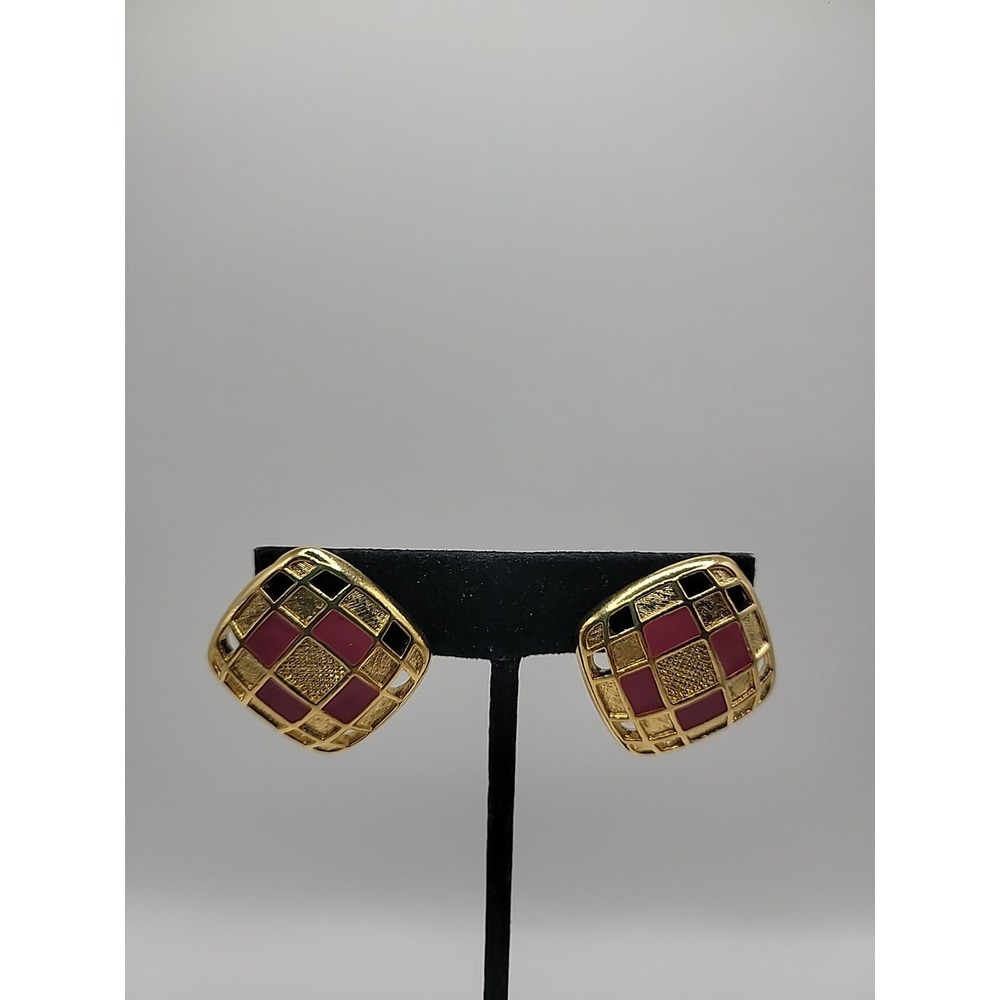 Vintage Liz Claiborne Earrings Pierced Post‎ Stud Gold Tone Pink Accents Square